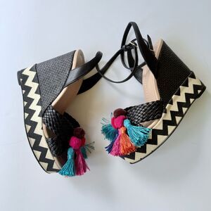 Kate Spade Delancey Pom Pom Tassle Wedges with Zig Zag Chevron Canvas 6.5